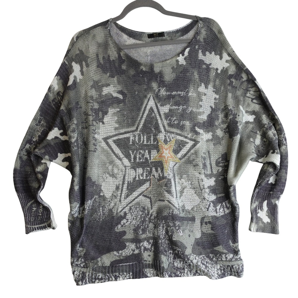 NT By Amati Star Camo Mesh Open Knit Sweater Womens OS Gray Graphic Dolman Y2K